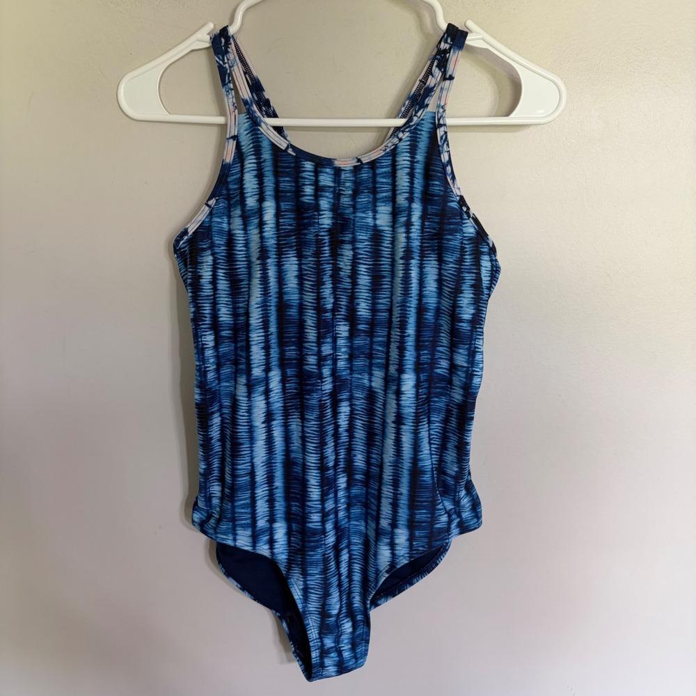 Athleta Girl Festival Tie Dye One‎ Piece Swimsuit Blue Navy XXL 16 Cutout Back